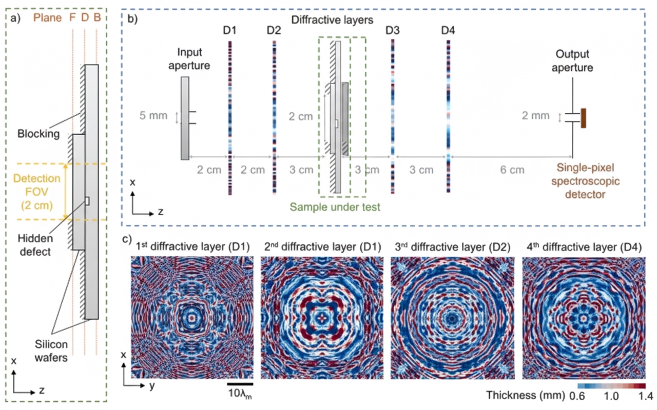 To validate the nondestructive diffractive defect-detection architecture, the team designed a proof-of-concept single-pixel diffractive THz sensor (Figure 2) capable of detecting pore-like hidden defects in silicon that are invisible at the surface.