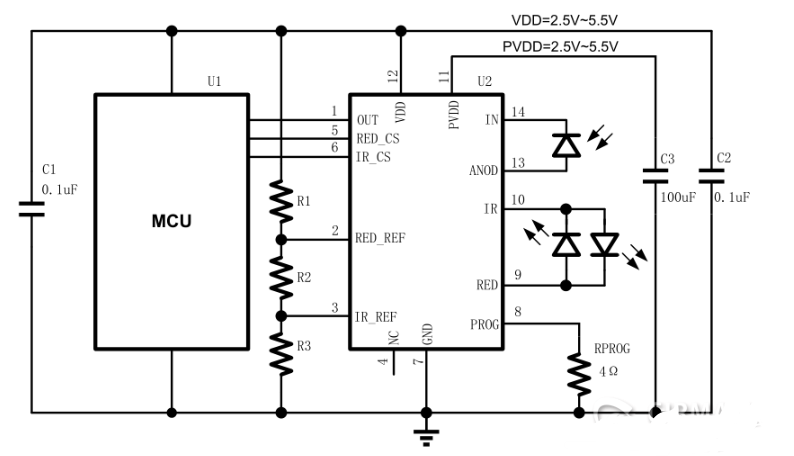 TS9514 application schematic showing LED and photodiode connections
