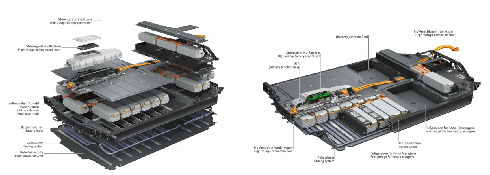 High-voltage battery pack exploded view
