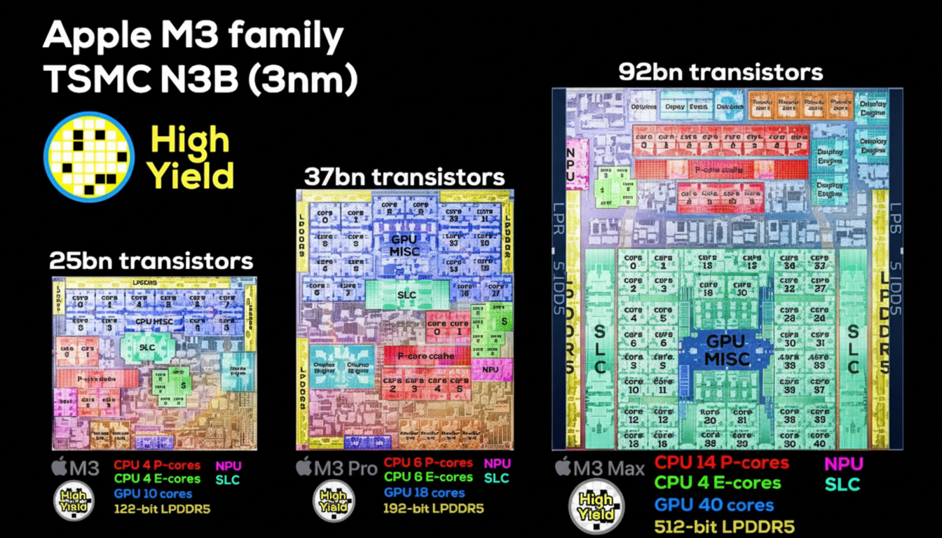 Apple M3 series memory controller die area comparison