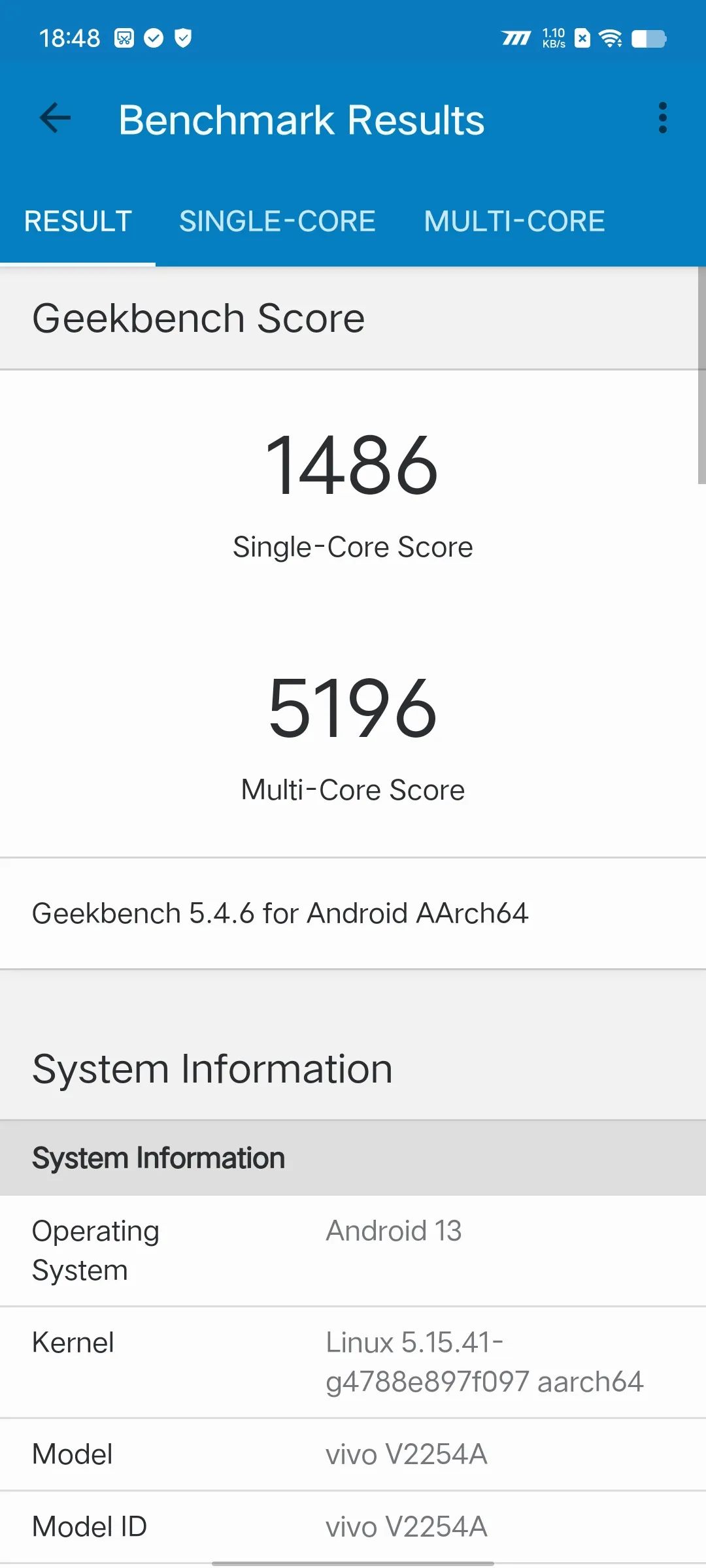 Geekbench 5 results screenshot