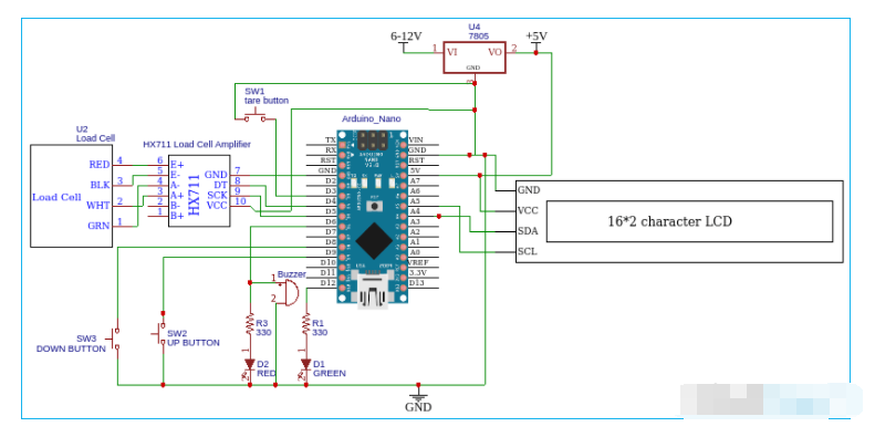 The HX711 data output (Dout) and clock pins connect to two Arduino pins (D4 and D5 in the example).