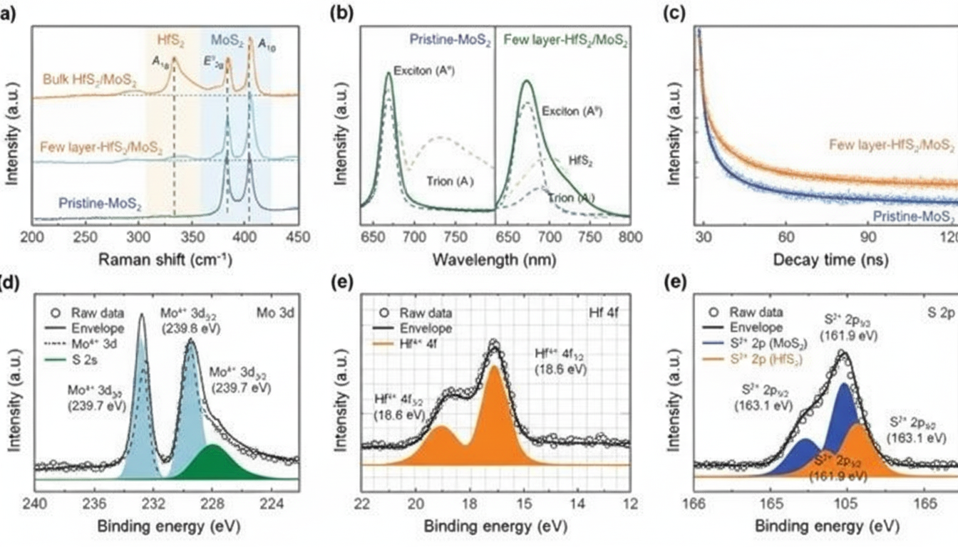 Spectroscopic results for pristine MoS2 and HfS2/MoS2, and XPS measurements for HfS2/MoS2.