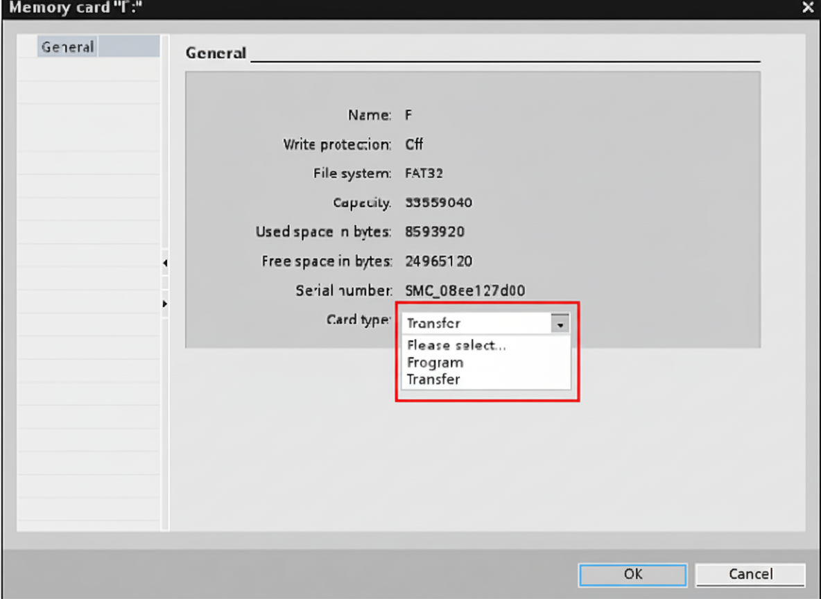 Memory card properties dialog