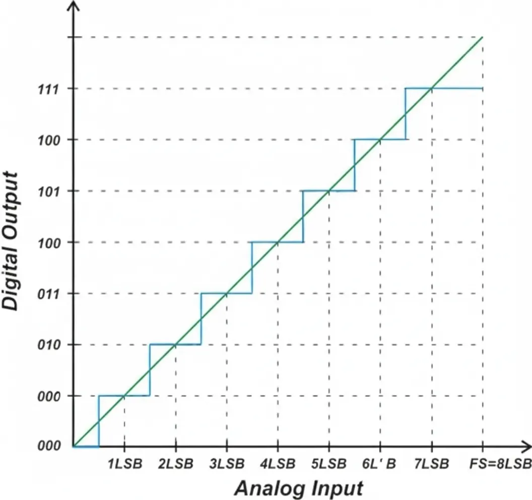 The ideal transfer function for a 3-bit unipolar ADC