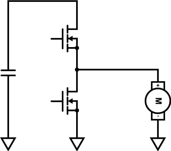Simplified schematic of a brushed motor controller. Note the similarity to a buck converter.
