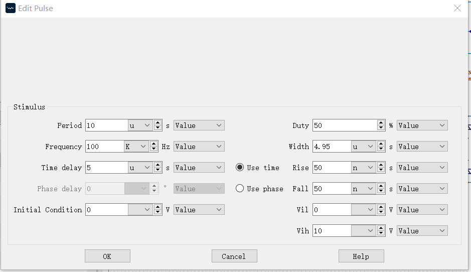 Pulse source settings, transformer settings, and other parameters