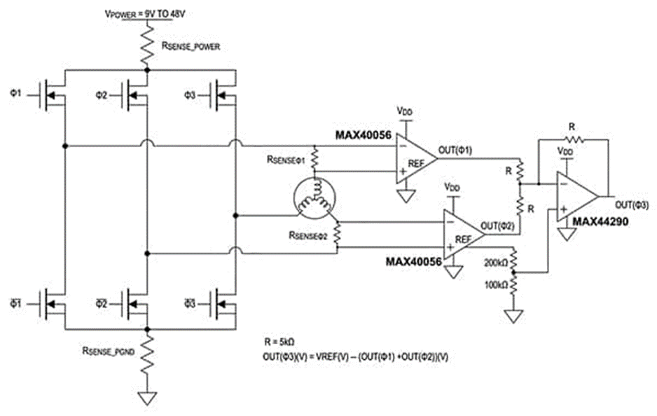 Two bidirectional CSAs used to measure two phases in a three-phase motor