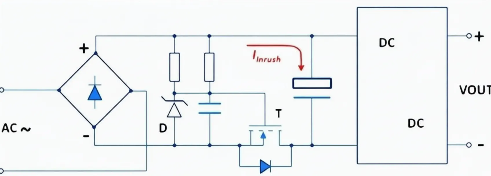 sing a controlled MOSFET switch provides effective inrush suppression while minimizing steady-state losses.  6. PTC thermistor