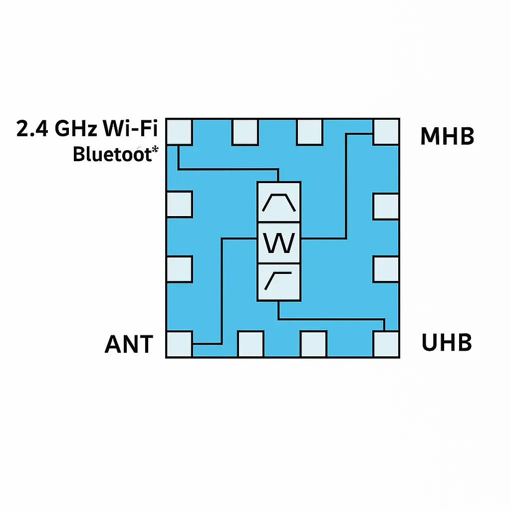Antenna multiplexer sharing antenna for Wi-Fi and cellular mid and high bands