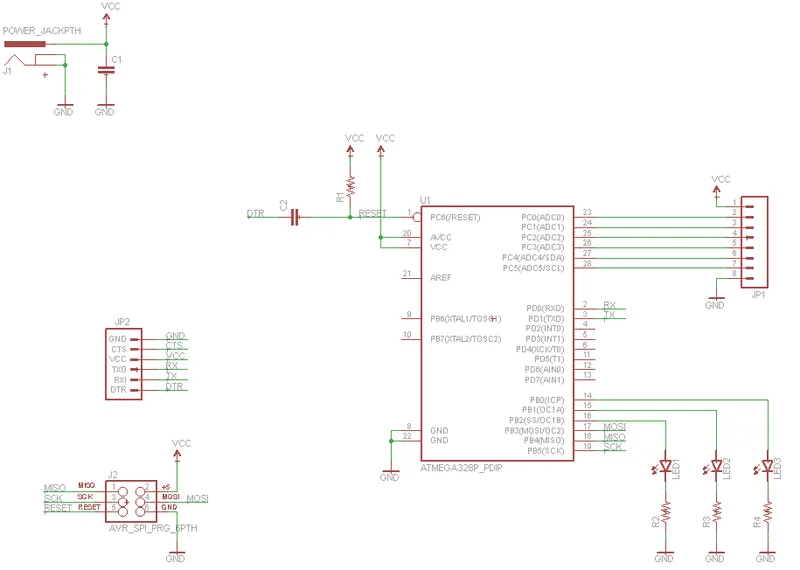 Example schematic; use it to identify MCU, interfaces, LEDs, and other functional blocks.