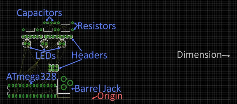 Components just imported into the board outline; ratlines indicate unfinished electrical connections.