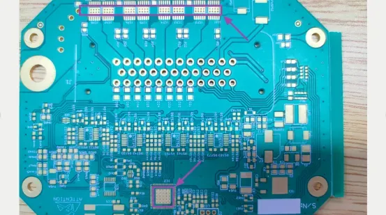 Bottom view of a QFN-style package with exposed pad; thermal vias do not affect solder joints to leads
