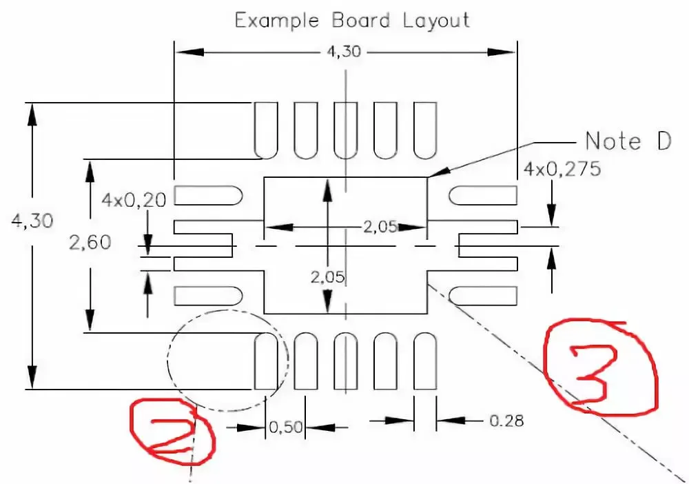 Recommended PCB layout with thermal pad dimensions highlighted