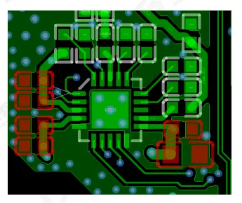 Decoupling capacitors placed close to IC pins