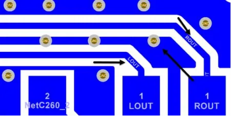 RGB, BNC/SMA, and audio routing examples with ground shielding and clearances