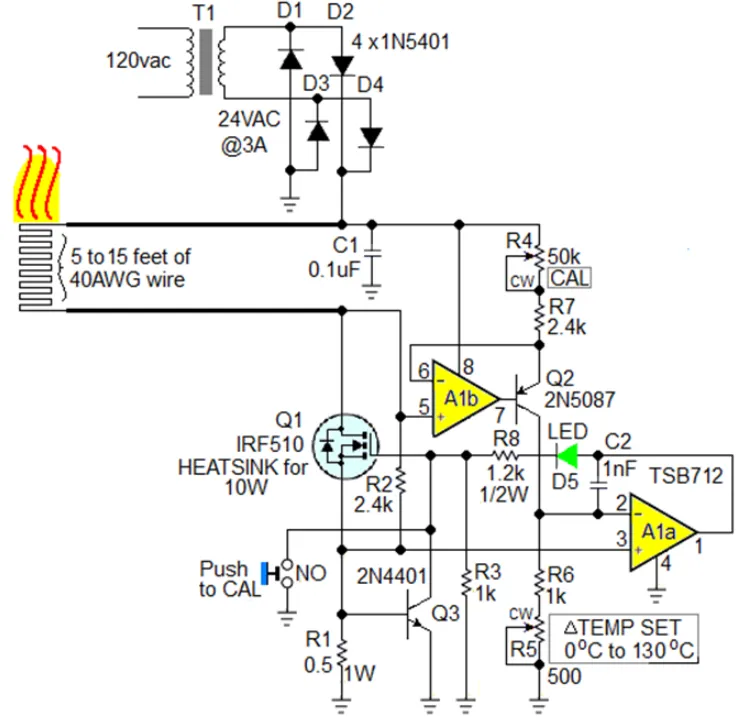 Linear-mode hot-wire thermostat using a 40 AWG copper wire for I2R heating and resistance-based sensing