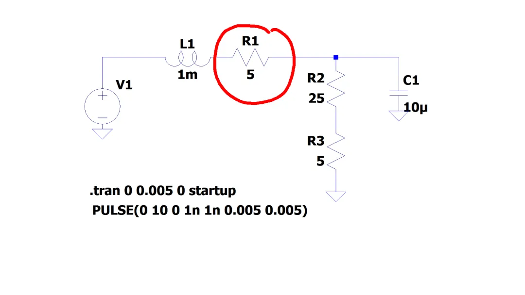 LTspice schematic of the output stage including inductor ESR and load