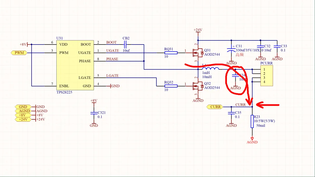 PWM current-control output filter topology with L1 and capacitor C34