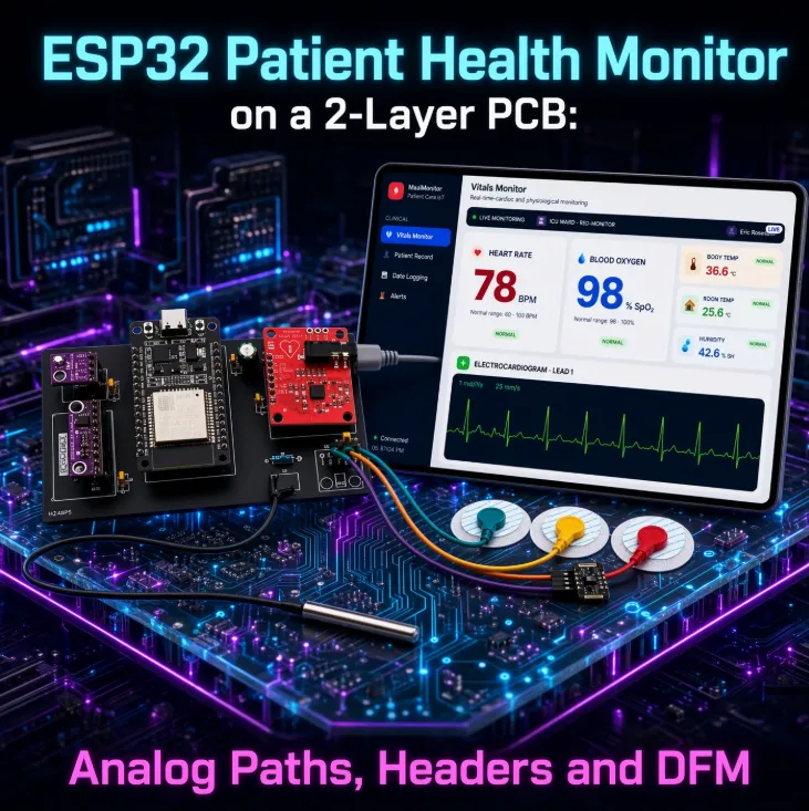 ESP32 Patient Health Monitor on a 2-Layer PCB: Analog Paths, Headers and DFM