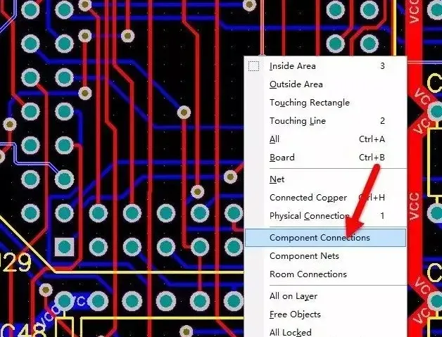 Selecting and Unrouting Nets Associated with a Component in PCB Layout