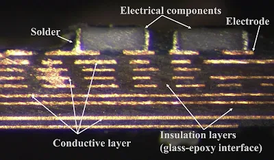 Microscopic view of copper layers on a PCB