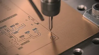 CNC machine drilling holes on a printed circuit board