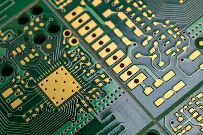 Close-up of ENIG surface finish on FR-4 PCB copper traces