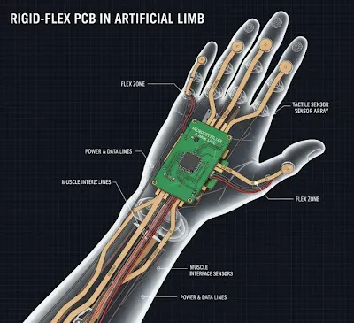 Photo of an artificial limb prosthetic hand disassembled to reveal rigid-flex PCB routing sensors and actuators
