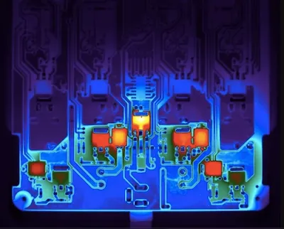 Thermal camera image showing heat distribution on a PCB