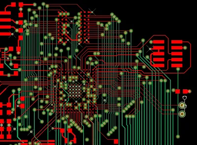 Multilayer PCB layout showing signal routing across copper layers