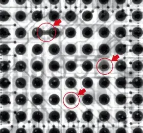 X-Ray view highlighting offset between BGA balls and pads