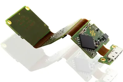 Step-by-step illustration of soldering and underfilling a rigid-flex PCB for an implantable medical device