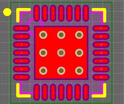 Footprint view showing thermal pad with embedded vias