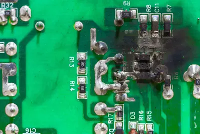 Microscopic view of shorted PCB traces