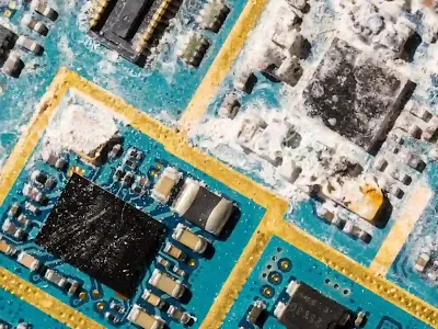 Magnified image showing crystalline white residue after incomplete PCB cleaning