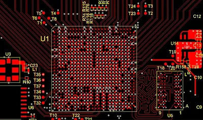 Example of optimized PCB routing using stacked vias for BGA fanout