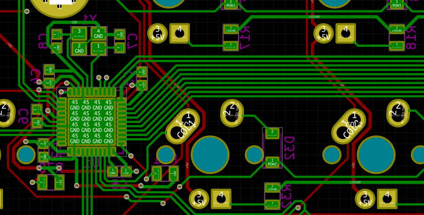 Zoomed view of PCB routing with vias and power planes in FR-4 board