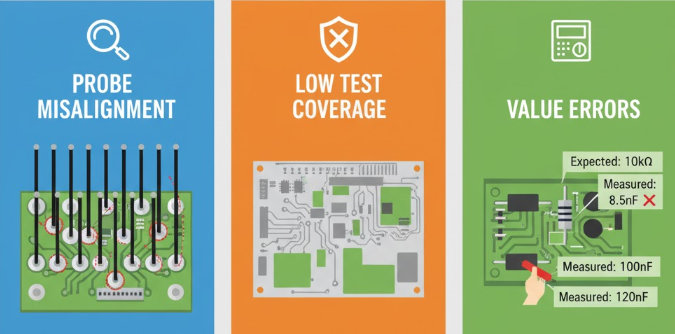 Infographic showing probe misalignment, low coverage, and value errors in PCB test fixtures