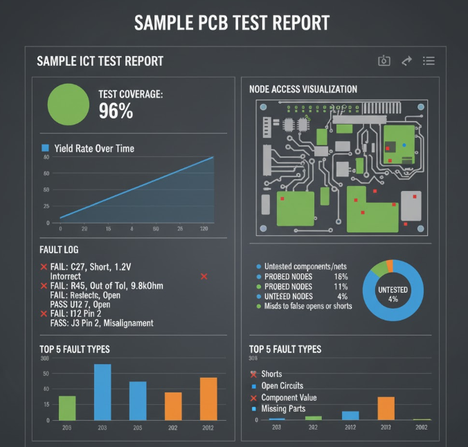 Sample ICT report dashboard showing 96% coverage, fault logs, and node access visualization