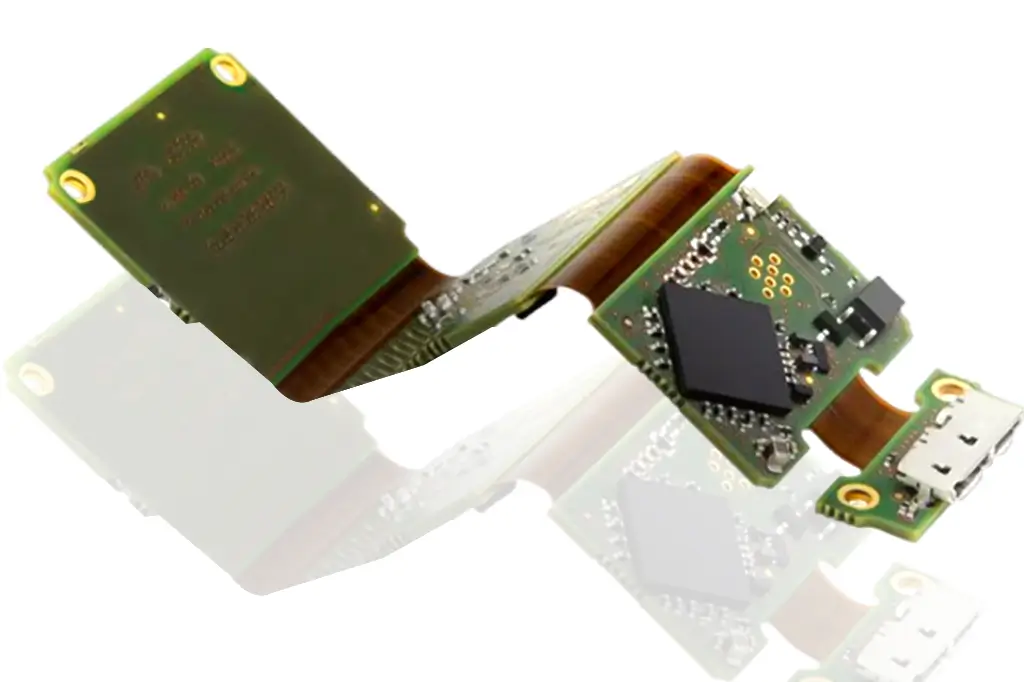 Step-by-step illustration of soldering and underfilling a rigid-flex PCB for an implantable medical device