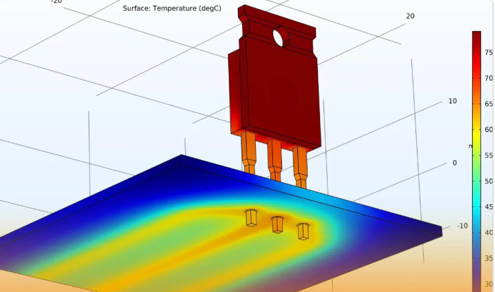 Infrared thermography image showing even heat distribution in a heavy copper PCB for high-power industrial sensor under load