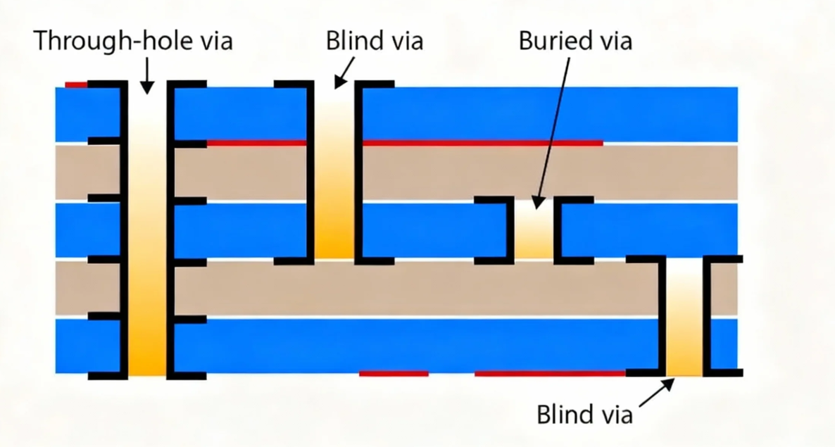 Blind vias represent a specialized type of connection found in multilayer Printed Circuit Boards (PCBs), linking an external layer to an internal layer without penetrating the entire board thickness.