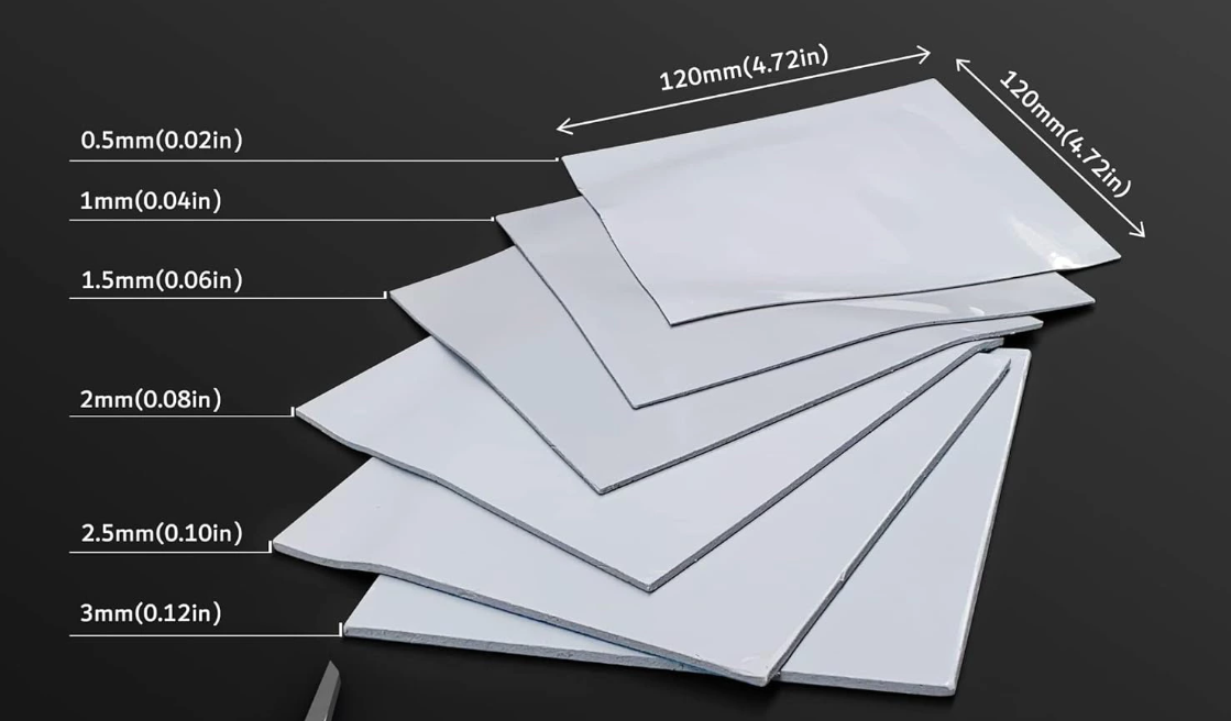 Different thermal pad materials displayed with varying thicknesses