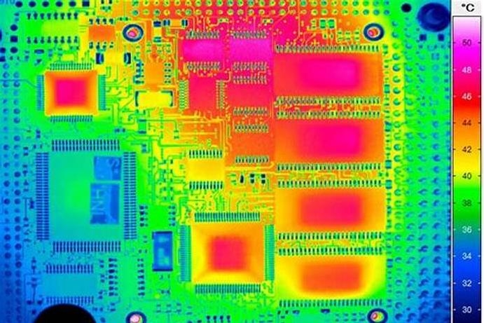 'Thermal camera showing heat distribution on a PCB