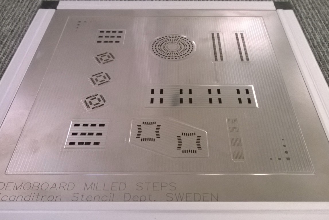 Detailed view of a step-up stencil showing varying thickness zones