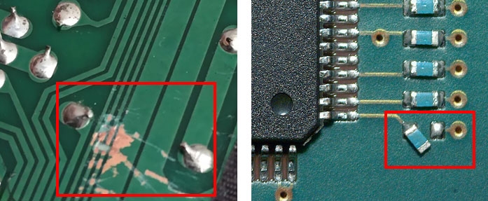 Close-up view of PCB surface inspection for defects