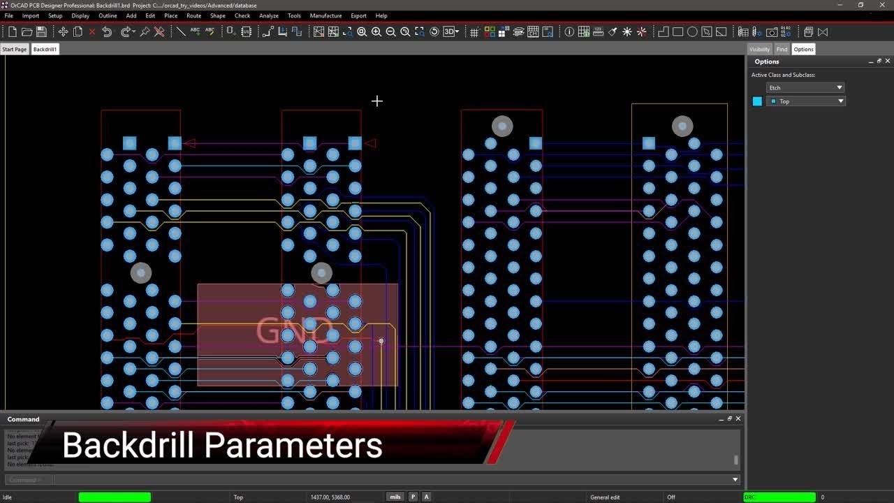 Software display of backdrilling simulation with via analysis