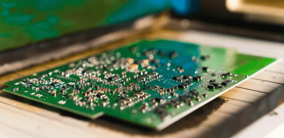 PCB undergoing reflow soldering in an oven