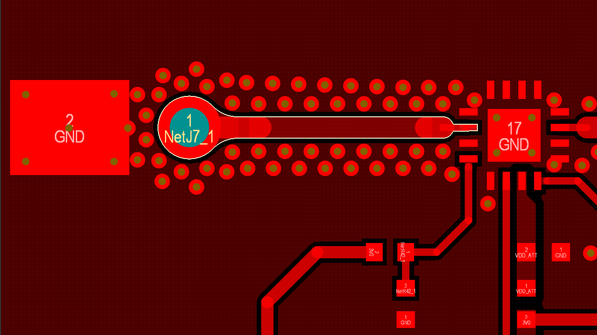 Via fence along board perimeter and under switching regulators showing 12 mm maximum spacing